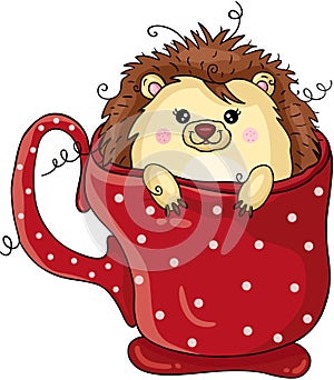 Funny hedgehog peeking out of a red cup