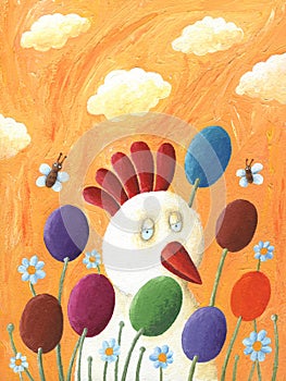 Funny hen and Easter eggs