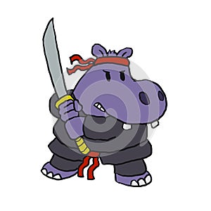 Funny hippopotamus ninja cartoon