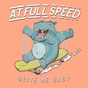 Funny hippopotamus rides on skateboard