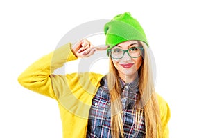 Funny Hipster Girl Going Crazy Isolated on White