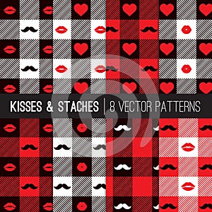 Valentine`s Day Kisses & Mustaches Buffalo Check Plaid Seamless Vector Patterns. photo