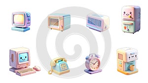 Funny Home apliances. computer, TV, telephone, clock, dispenser, refrigerator, AC, oven. 3d vector icon set, Generative AI