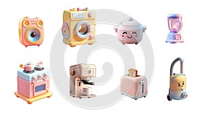 Funny Home apliances. speaker, rice cooker, blender, stove, coffee maker, vaccum, washing machine, toaster. 3d vector icon set,