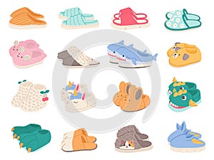 Funny home footwear. Cozy domestic slippers, decor in cute animal faces and paws form, textile warm house comfortable