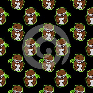 Funny hoots of laughter beaver, laugh pet, smile animals otter cute seamless pattern with black background, cheerful, excited,