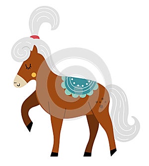 Funny horse with a saddle and pony tail. Vector circus animal. Amusement holiday icon. Cute funny festival character clip art.