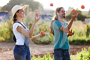 Funny horticulturist couple juggling with fresh tomatoes in the garden.