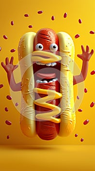 Funny hot dog bun, hands raised in a waving illustration