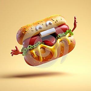 Funny hot dog bun, hands raised in a waving illustration