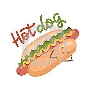 Funny hot dog with a cute smile face. Fast food with human face. Modern style vector flat illustration icons. Isolated on white