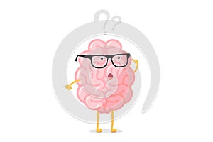 Funny human brain thought character with glasses thinks over question mark. Seeking answer cartoon brain concept. Strong