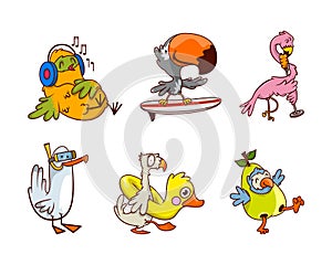 Funny Humanized Bird Character Listening to Music with Headphones, with Snorkeling Tube, Surfboarding, Singing and