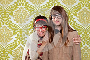 Funny humor nerd couple on vintage wallpaper