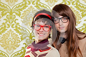 Funny humor nerd couple on vintage wallpaper