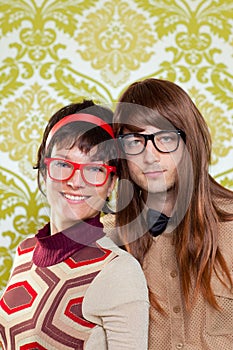 Funny humor nerd couple on vintage wallpaper