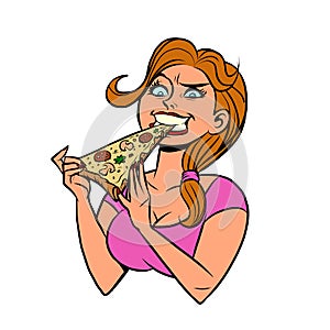 Funny hungry girl eating pizza