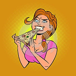 Funny hungry girl eating pizza