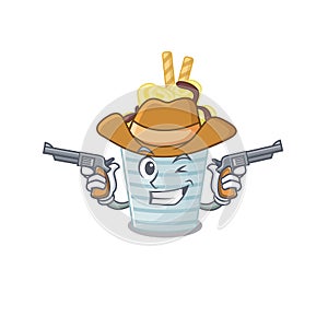 Funny ice cream banana rolls as a cowboy cartoon character holding guns