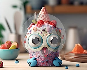 Funny ice cream monster with big eyes. 3D Rendering generative ai