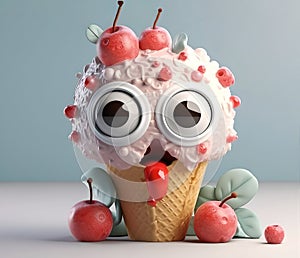 Funny ice cream monster with big eyes. Childish character for design. 3D Rendering generative ai