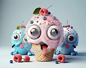 Funny ice cream monsters with big eyes. 3D Rendering generative ai