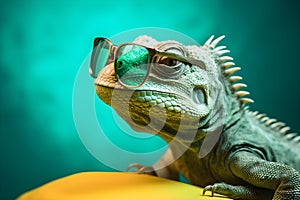 Funny iguana wearing sunglasses in studio with a colorful and bright background. Generative AI