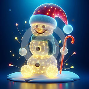 Funny illuminated snowman cartoon. Snow time. AI generated