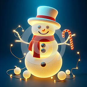 Funny illuminated snowman cartoon. Snow time. AI generated