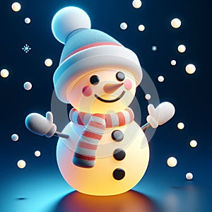 Funny illuminated snowman cartoon. Snow time. AI generated