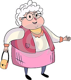 Funny illustration of old grandmother with a bag over white background.