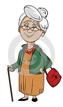 Funny illustration of old grandmother with a bag and wooden stick over white background.