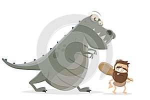 Funny illustration of a prehistoric cartoon man with dinosaur