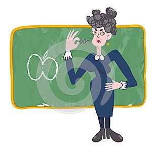 Funny illustration of a school teacher holding glasses