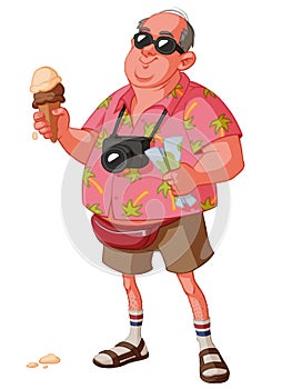 Funny illustration of a stereotypical white male overweight bald tourist on vacation with a Hawaii shirt