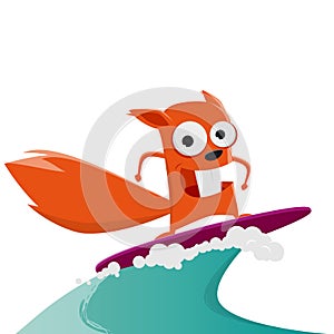 Funny illustration of a surfing cartoon squirrel