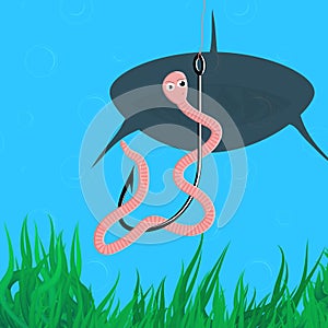 Funny illustration with worm on the hook and shark in the water