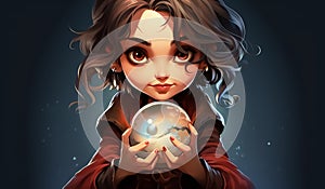 Funny illustration of young witch with crystal ball. AI generated