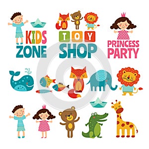 Funny illustrations of kids and animals. Vector logos for childrens