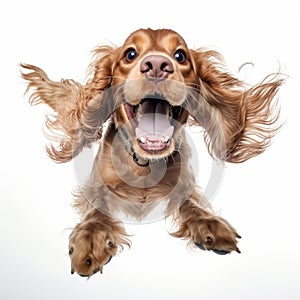 Funny Image Of Happy Cocker Spaniel Leaping On White Background