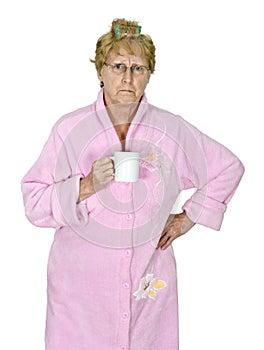 Funny Angry Mature Woman Morning Coffee Isolated