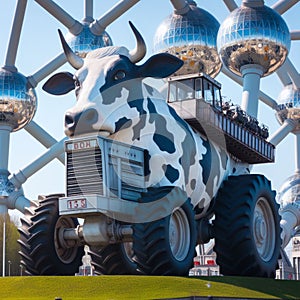 funny image of a milk cow drive tractor march against 2030 agenda and farming ban in bruxelles