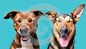 Funny image of two dogs of different breeds, looking at camera with eyes closed, isolated on blue background with copy space