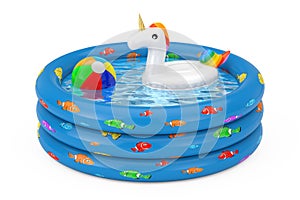 Funny Inflatable Unicorn Ring for Summer Pool in Blue Rubber Inflatable Childrens Pool. 3d Rendering