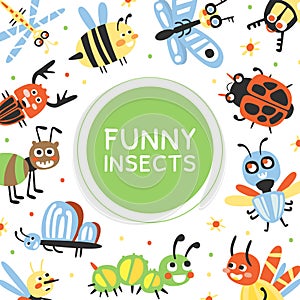 Funny Insects Banner Template, Cover, Poster, Invitation Card, Flyer Design with Cute Caterpillar, Dragonfly, Ladybug
