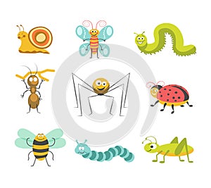 Funny insects with cheerful facesisolated illustrations set