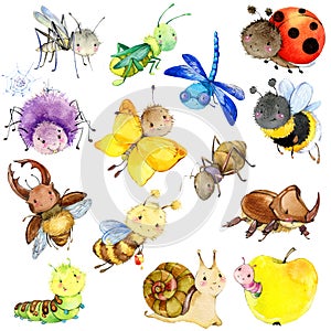 Funny insects collection. Watercolor Cartoon insect.