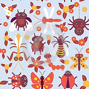 Funny insects Spider butterfly caterpillar dragonfly mantis beetle wasp ladybugs seamless pattern on blue background with flowers