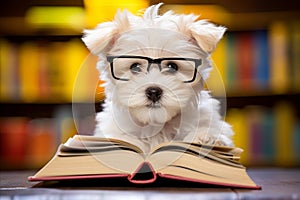 Funny Intelligent dog wearing glasses reading book in the library setting with copy space for text