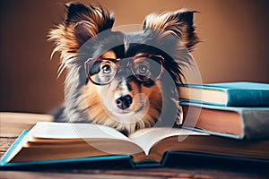 Funny Intelligent dog wearing glasses reading book in the library setting with copy space for text